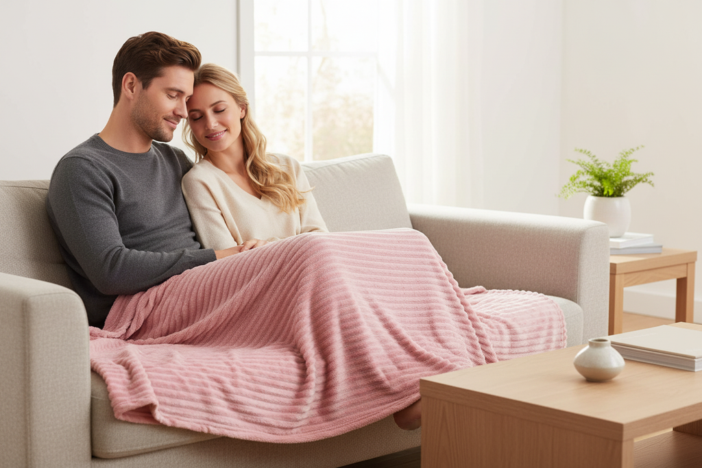 Couple sharing blush-pink blanket