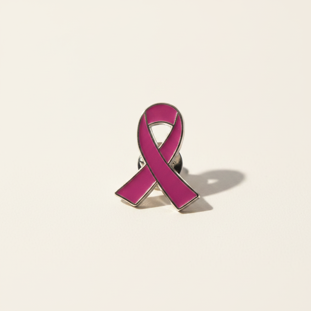 Pink breast cancer awareness ribbon pin on a warm white background