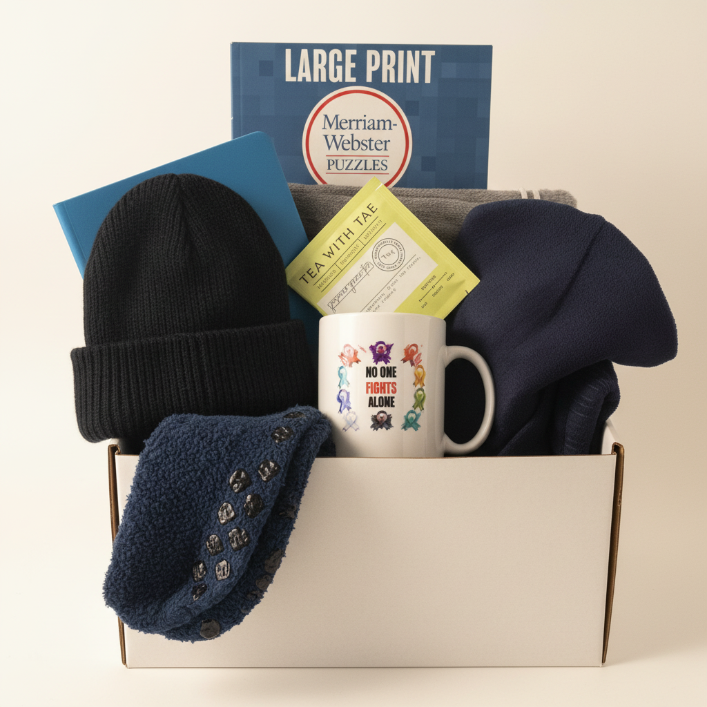 Men's chemo comfort care package in an open gift box on a clean background