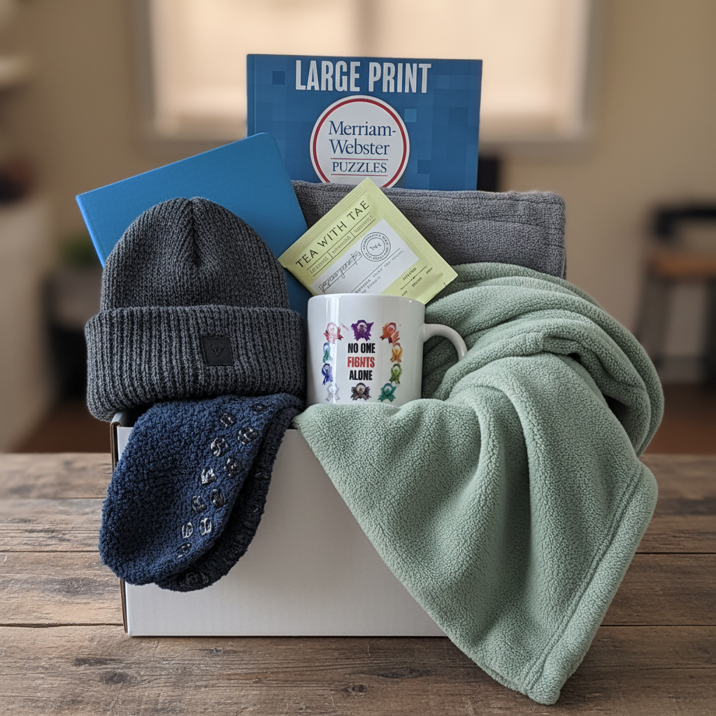 Men's chemo comfort care package with beanie, blanket, puzzle book, tea, and mug