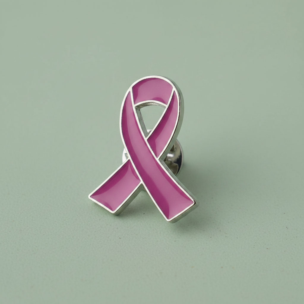 Close-up of a pink breast cancer awareness ribbon pin on a sage green background