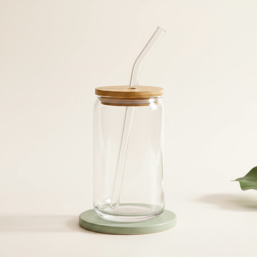 Clear glass tumbler with bamboo lid and glass straw on a light background