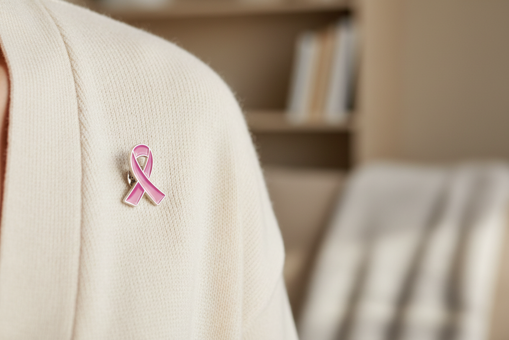 Pink breast cancer awareness ribbon pin attached to a cream cardigan