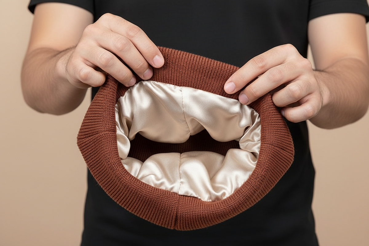 Man showing the satin lining inside the beanie