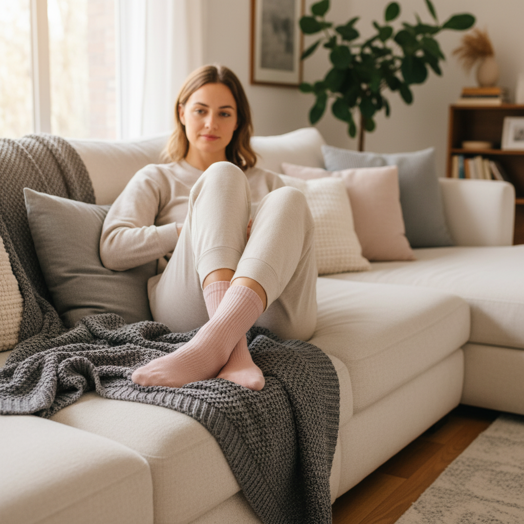 Woman relaxing on a couch wearing pink grip socks